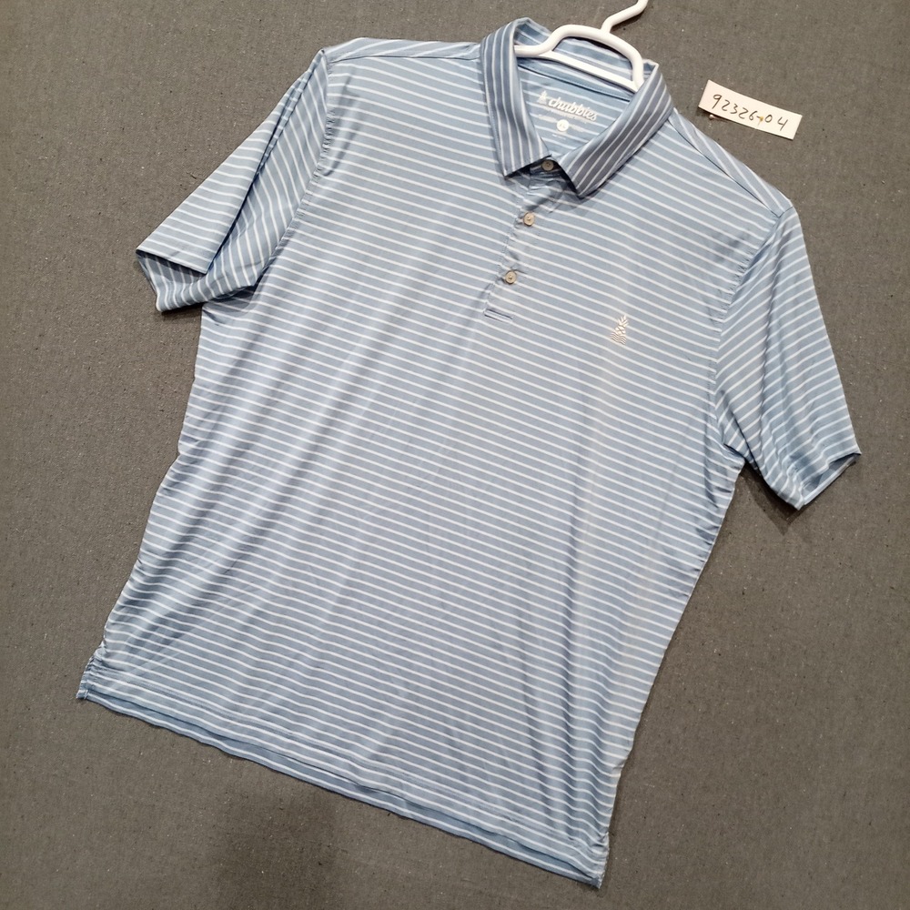 Chubbies Mens XL Blue White Striped Performance Polo Shirt Pineapple Logo